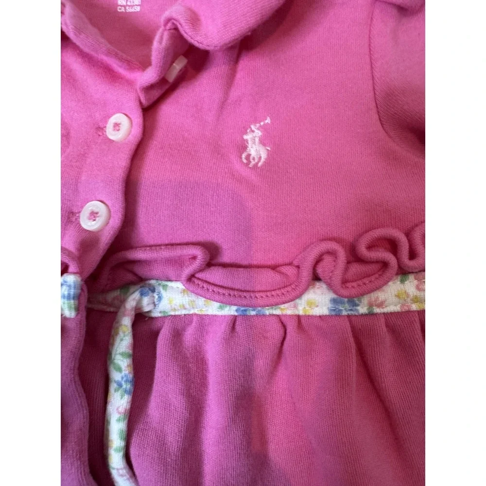 Ralph Lauren Romper Baby Girls 6M Pink Long Sleeve Peter Pan Collar‎ Polo Pony